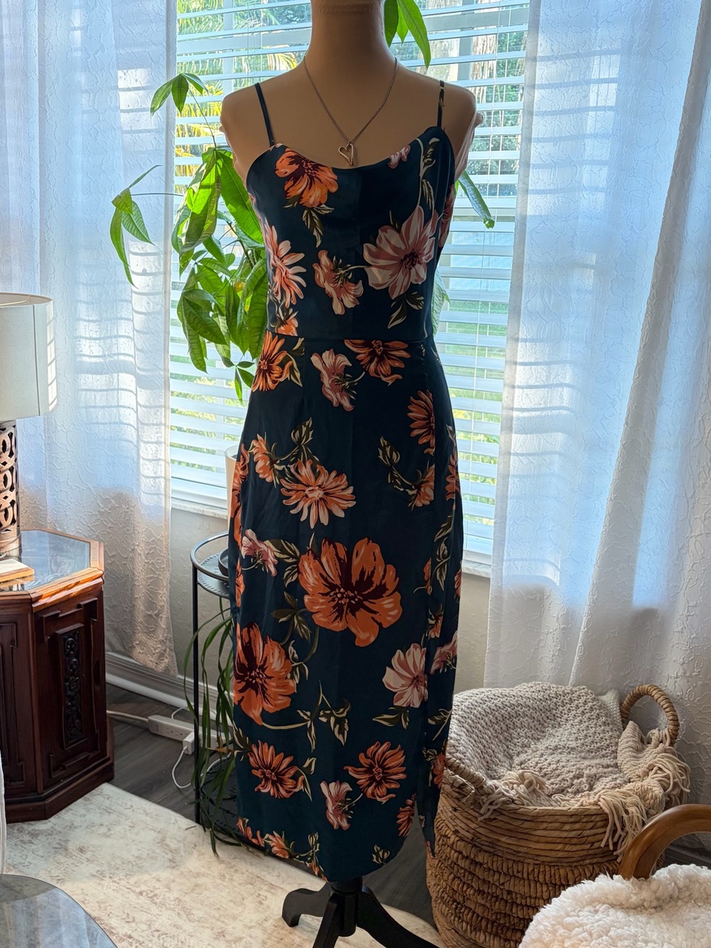 Green and peach floral maxi dress thin straps adjustable size small SHEIN